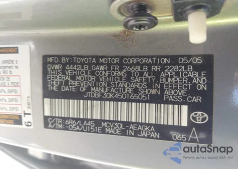 2005 Toyota Camry Xle V6 from USA, damaged, VIN JTDBF30K450165051